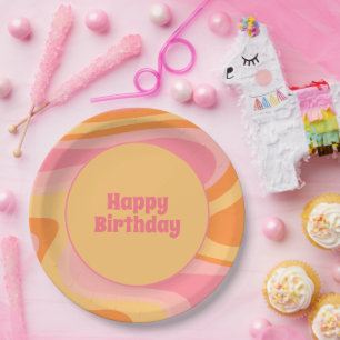 Happy Birthday Retro Vibe Abstrakt Swirl 60er 70er Pappteller
