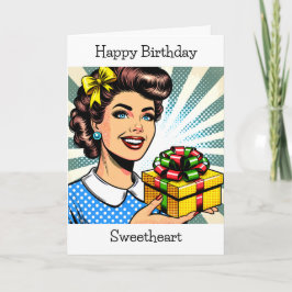 Happy Birthday | Retro Woman Holding Gift Karte