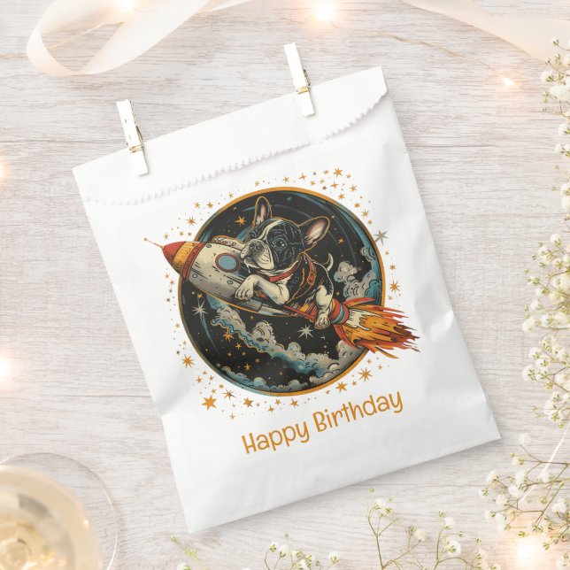 Happy Birthday Rocket Ship French Bulldog Geschenktütchen (Ausgeschnitten)