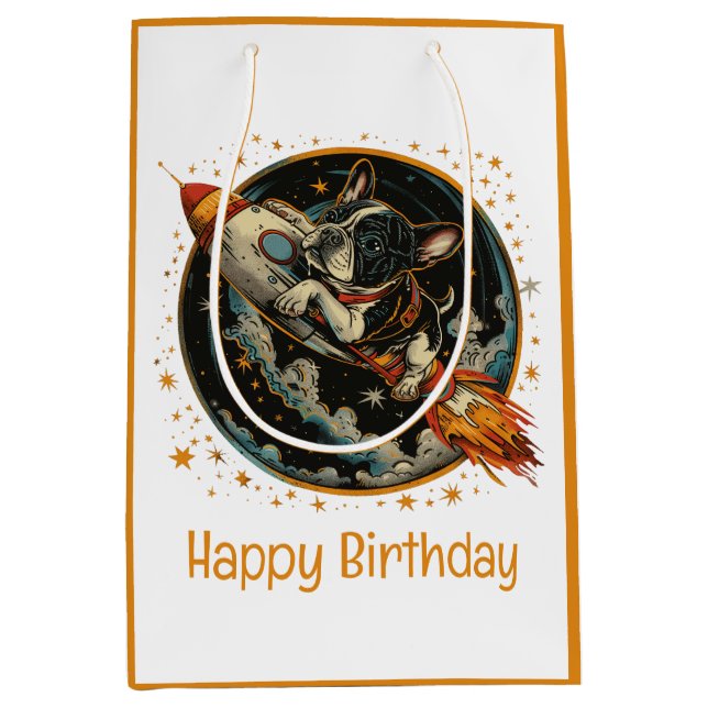 Happy Birthday Rocket Ship French Bulldog Mittlere Geschenktüte (Vorderseite)