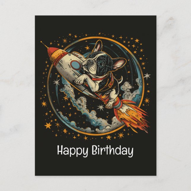 Happy Birthday Rocket Ship French Bulldog Postkarte (Vorderseite)