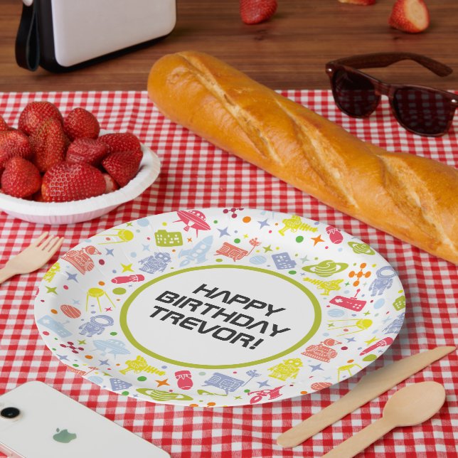 Happy Birthday Rocket Ships Green Pappteller (Picknick)