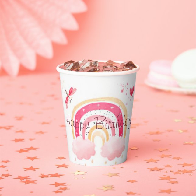 Happy Birthday Rosa Regenbogen Pappbecher (Insitu)