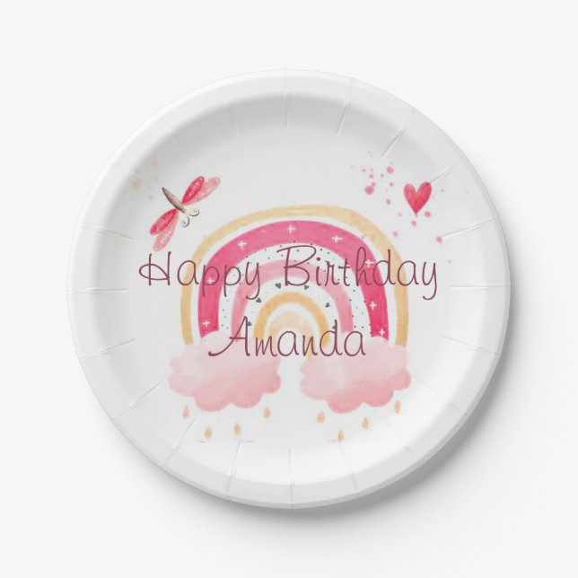 Happy Birthday Rosa Regenbogen personalisiert Pappteller (Vorderseite)