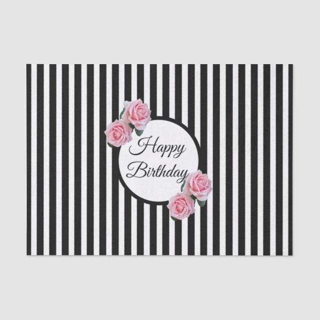 Happy Birthday rosa Rosen Schwarz-weiße Streifen Seidenpapier (Vorderseite)