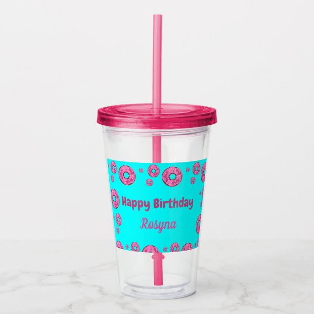 Happy Birthday Rosa Sahne Donuts blau Acryltrinkbecher (Vorderseite)