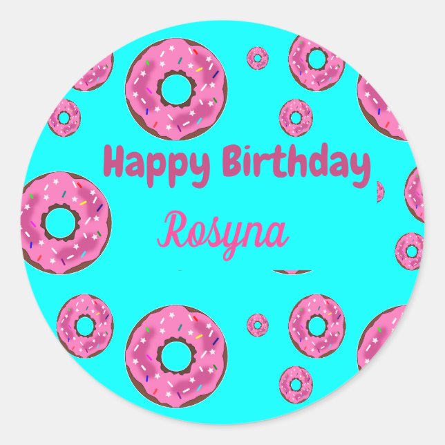 Happy Birthday Rosa Sahne Donuts blau Runder Aufkleber (Vorderseite)