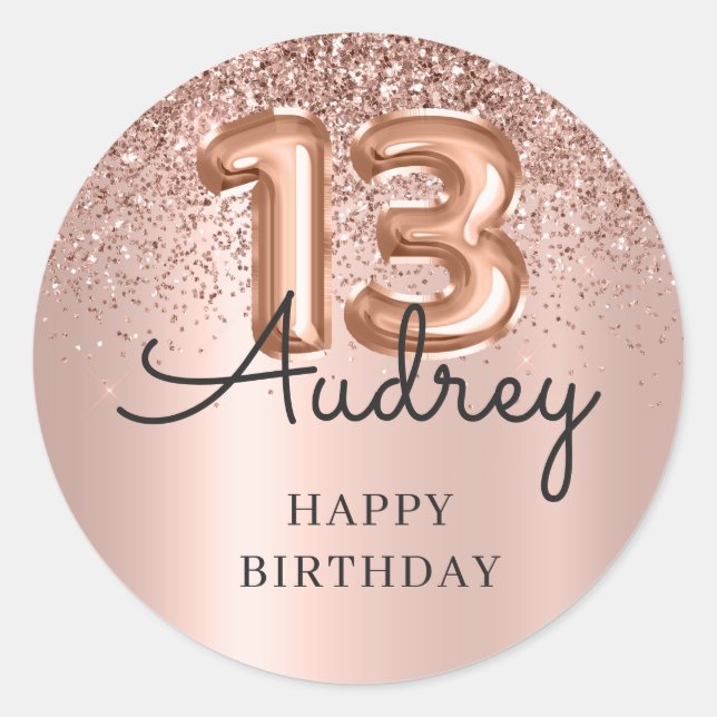 Happy Birthday Rose Gold Glitzer Ballon 13. Runder Aufkleber (Vorderseite)