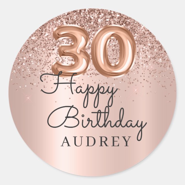Happy Birthday Rose Gold Glitzer Ballon 30. Runder Aufkleber (Vorderseite)