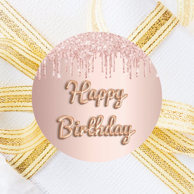 Happy Birthday Rose Goldblush Glitzer Tropfen Runder Aufkleber (Von Creator hochgeladen)