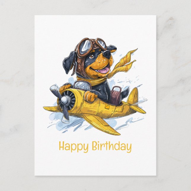 Happy Birthday Rottweiler Hund Pilot Flugzeug Postkarte (Vorderseite)