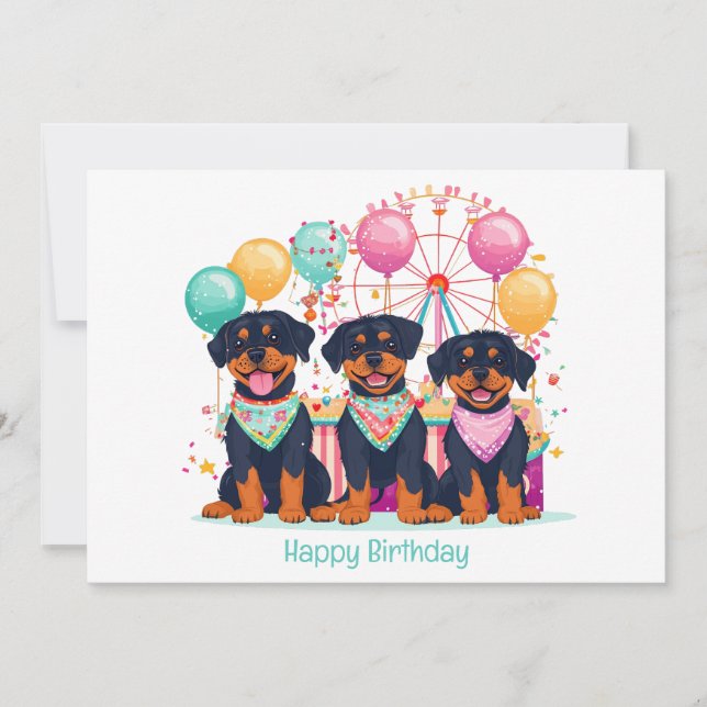 Happy Birthday Rottweiler Hunde im Karneval Karte (Vorderseite)