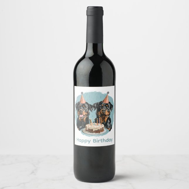 Happy Birthday Rottweiler Hunde Weinetikett (Vorderseite)