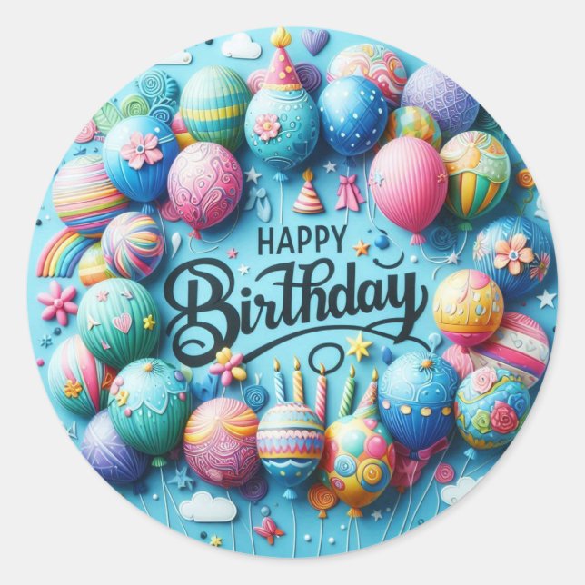 Happy Birthday Round Sticker - Farbige Ballons (Vorderseite)