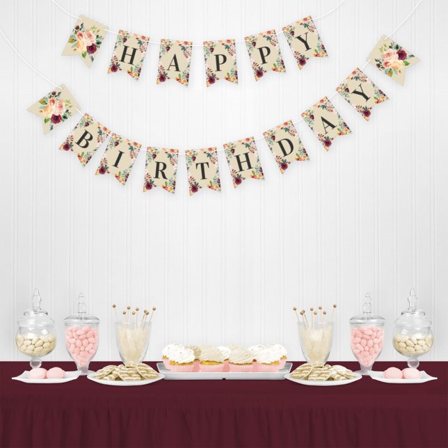 Happy Birthday Rustic Burgundy Pink Fall Floral Wimpelkette (Von Creator hochgeladen)