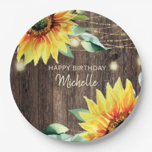 Happy Birthday Rustic Holz Sonnenblumen String Lig Pappteller