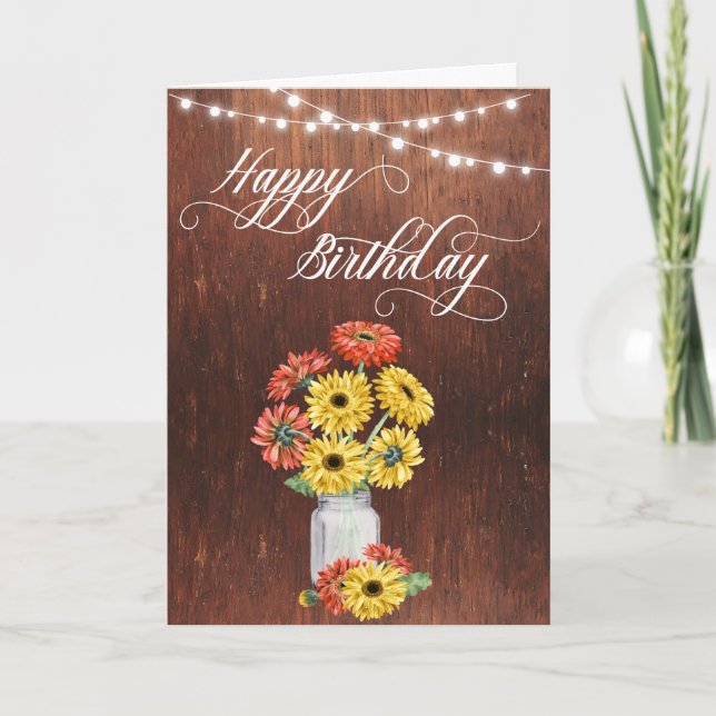 Happy Birthday Rustic Mason Jar Gerbera Daisy Karte (Vorderseite)