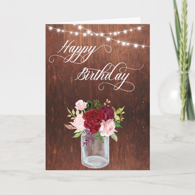 Happy Birthday Rustic Mason Jar Wood Lichter Karte (Vorderseite)