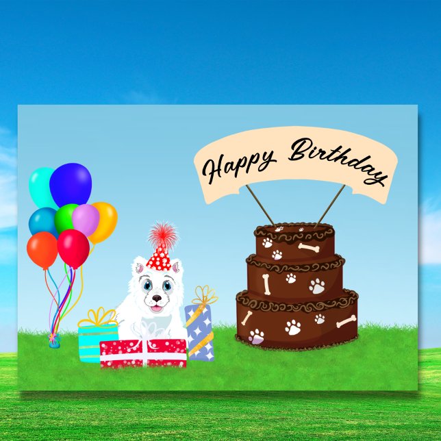 Happy Birthday Samoyed with Cake Karte (Von Creator hochgeladen)