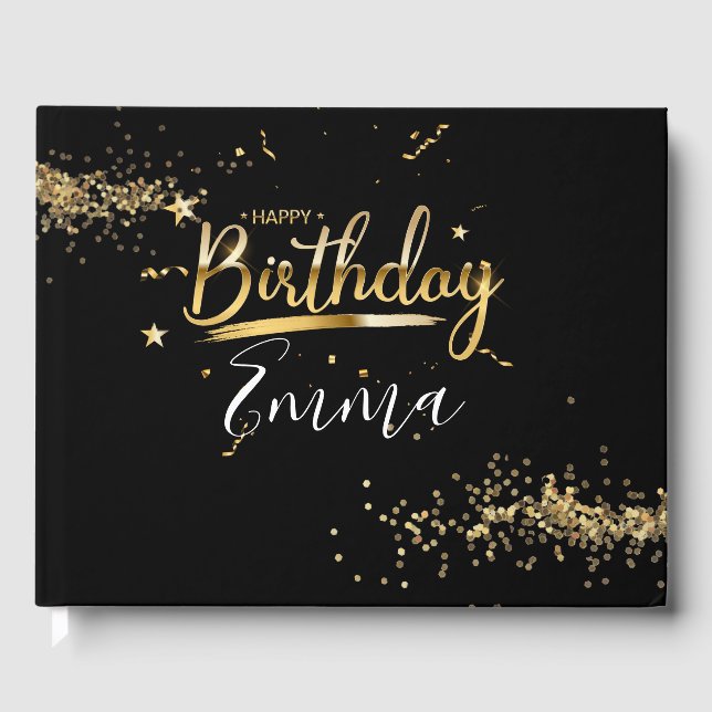 Happy Birthday Schwarz und Gold Thema Gästebuch (Vorderseite)
