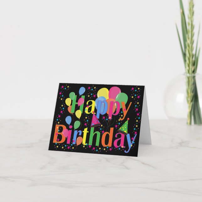 Happy Birthday schwarz w/ Confetti Karte (Vorderseite)