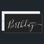 Happy Birthday Schwarz-weiß Modern Flat Card<br><div class="desc">Diese moderne und elegante Flachbild-Karte mit weißem Happy Birthday-Text auf der Vorderseite und auf der Rückseite personalisieren Sie ihn mit Ihrem Namen oder Familiennamen. Der Hintergrund ist schwarz.</div>