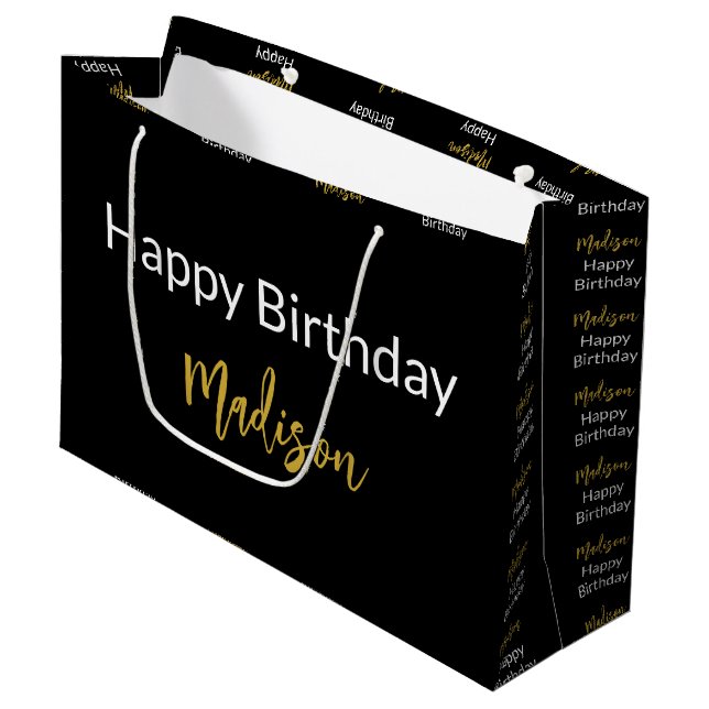 Happy Birthday Schwarz-weiß und Gold Script Name Große Geschenktüte (Vorderseite Schrägansicht)