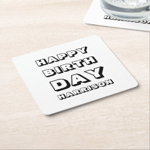 Happy Birthday Schwarz-weißer individuelle Name m Rechteckiger Pappuntersetzer