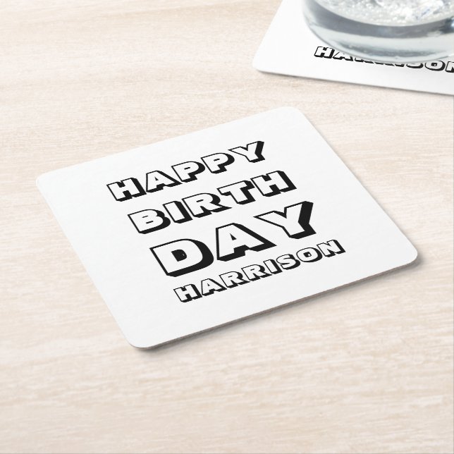 Happy Birthday Schwarz-weißer individuelle Name mo Rechteckiger Pappuntersetzer (angewinkelt)