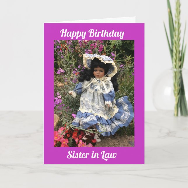 Happy Birthday Schwester des Gesetzes Black Doll 3 Karte (Vorderseite)
