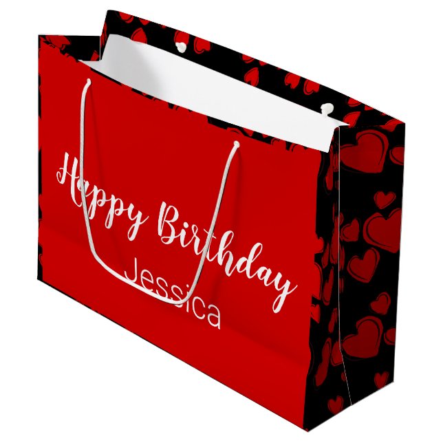 Happy Birthday Script Black and Red Hearts Große Geschenktüte (Vorderseite Schrägansicht)