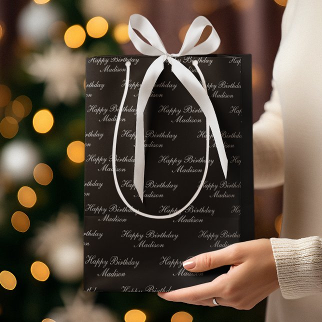 Happy Birthday Script Name Black Silver Mittlere Geschenktüte (Von Creator hochgeladen)