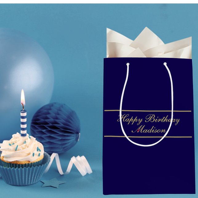 Happy Birthday Script Name Blue Gold Mittlere Geschenktüte (Von Creator hochgeladen)