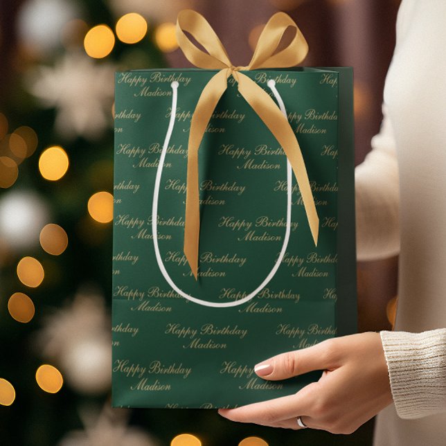 Happy Birthday Script Name Green Gold Mittlere Geschenktüte (Von Creator hochgeladen)