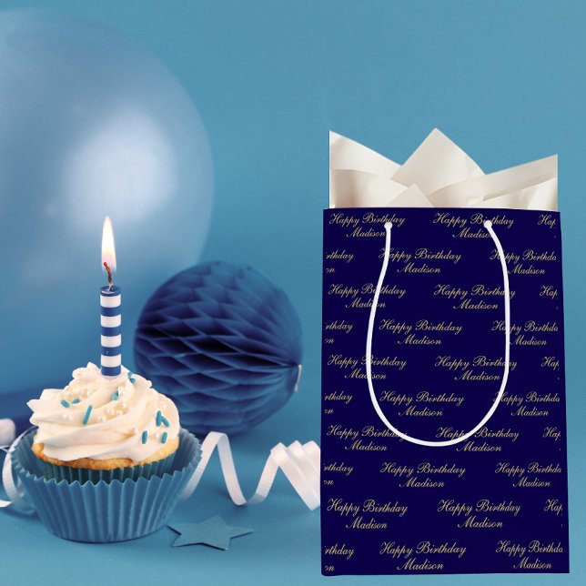 Happy Birthday Script Name Navy Blue Gold Mittlere Geschenktüte (Von Creator hochgeladen)