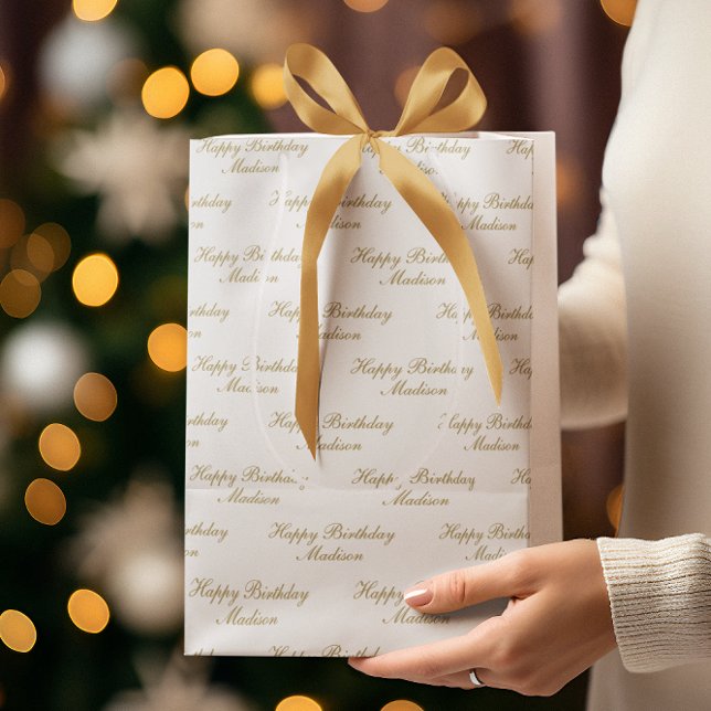 Happy Birthday Script Name White Gold Mittlere Geschenktüte (Von Creator hochgeladen)