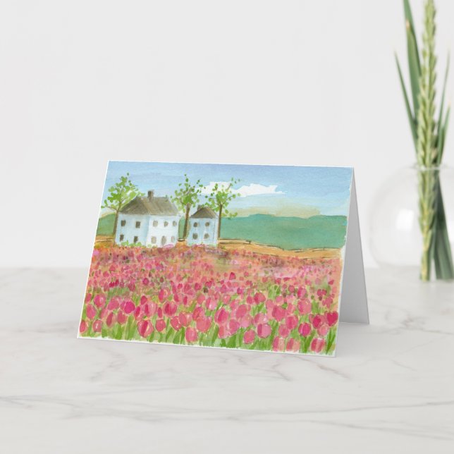 Happy Birthday Shaker House Pink Tulip Fields Karte (Vorderseite)