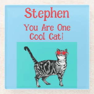 Happy Birthday Sie Cool Tabby Cat Mens Husband Glasuntersetzer