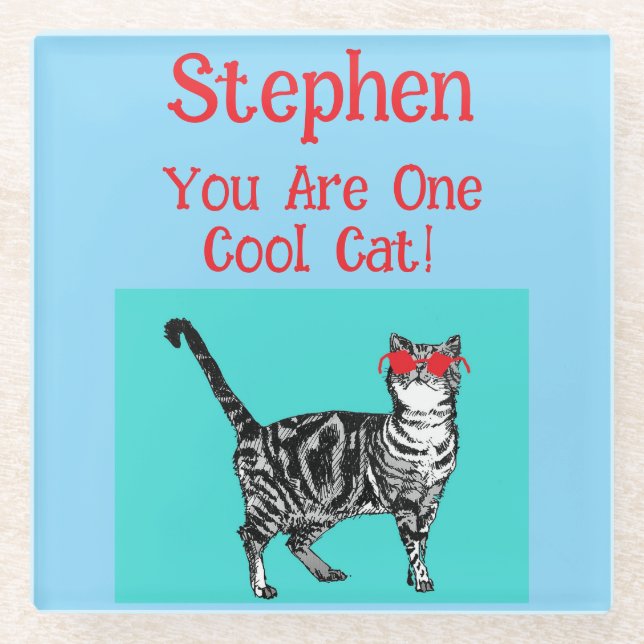 Happy Birthday Sie Cool Tabby Cat Mens Husband Glasuntersetzer (Vorderseite)
