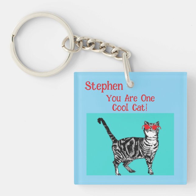 Happy Birthday Sie Cool Tabby Cat Mens Husband Schlüsselanhänger (Vorderseite)