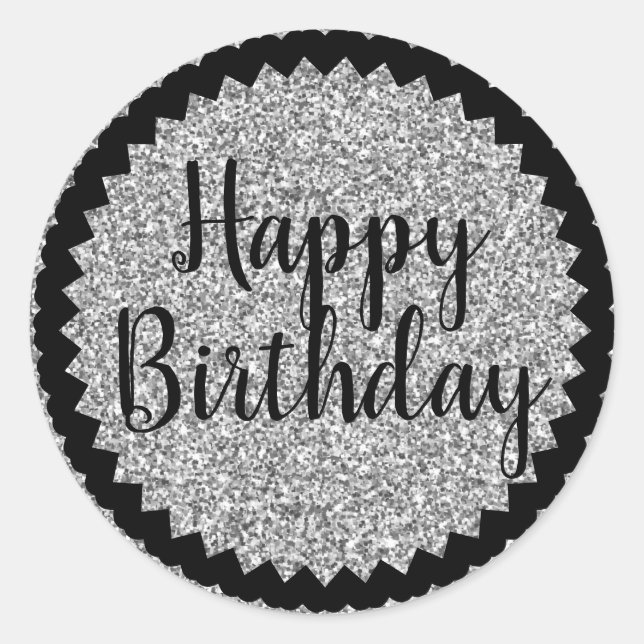 Happy Birthday Silver Glitzer Runder Aufkleber (Vorderseite)
