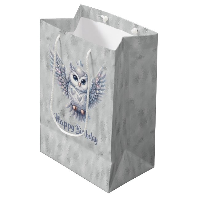 Happy Birthday Silver Owl on Grau Mittlere Geschenktüte (Vorderseite Schrägansicht)