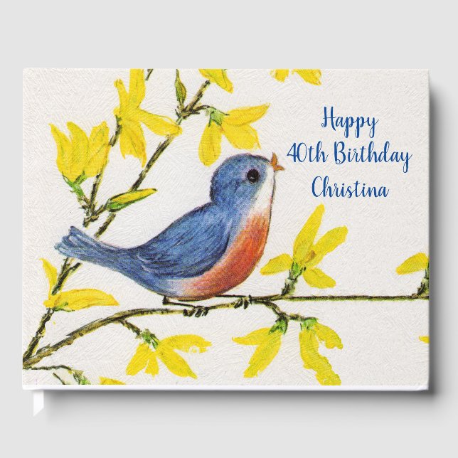 Happy Birthday Singing Blue Red Bird Yellow Blume Gästebuch (Vorderseite)