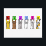 Happy Birthday Sister Cartoon Cats Postkarte<br><div class="desc">Verschiedene Cartoon-Katzen halten farbenfrohe Karten mit Buchstaben auf,  die 'Schwester' ausdrücken.</div>