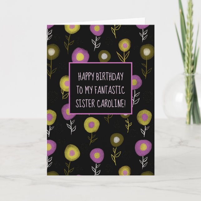 Happy Birthday Sister Dark Floral Girly Name Dankeskarte (Vorderseite)