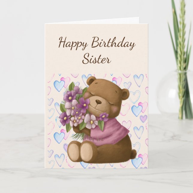 Happy Birthday Sister Liebe schätzen Bären-Blume Karte (Vorderseite)