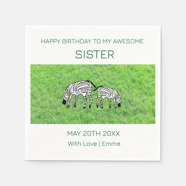 Happy Birthday Sister, Niedlich und Happy Zebras Serviette (Vorderseite)