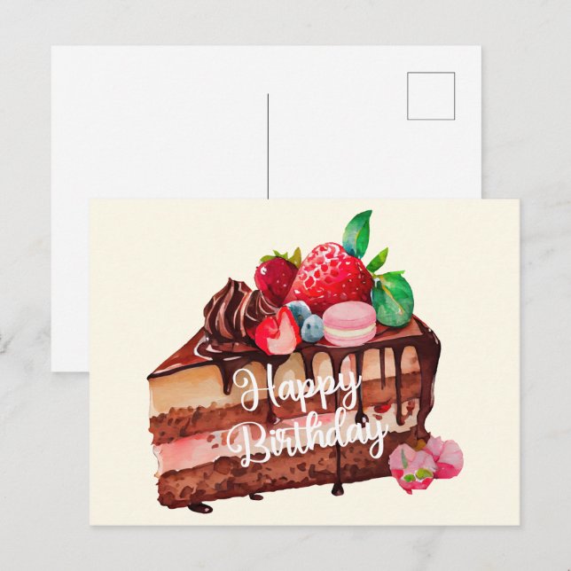 Happy Birthday Slice von Strawberry Chocolate Cake Postkarte (Vorne/Hinten)