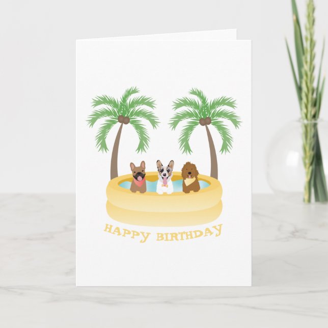 Happy Birthday Sommer Hunde Schwimmbad Karte (Vorderseite)
