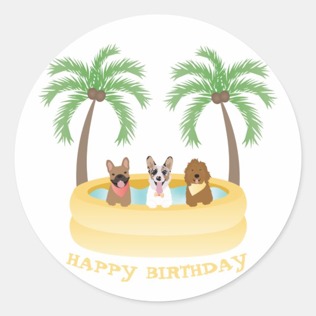 Happy Birthday Sommer Hunde Schwimmbad Runder Aufkleber (Vorderseite)
